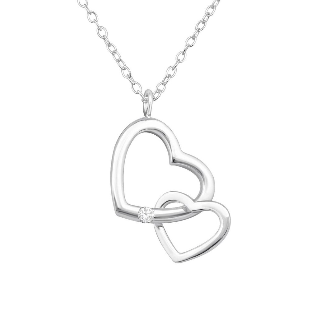 925 Sterling Silver Double Heart Pendant Necklace With Sparkling Stone 18 in Cha